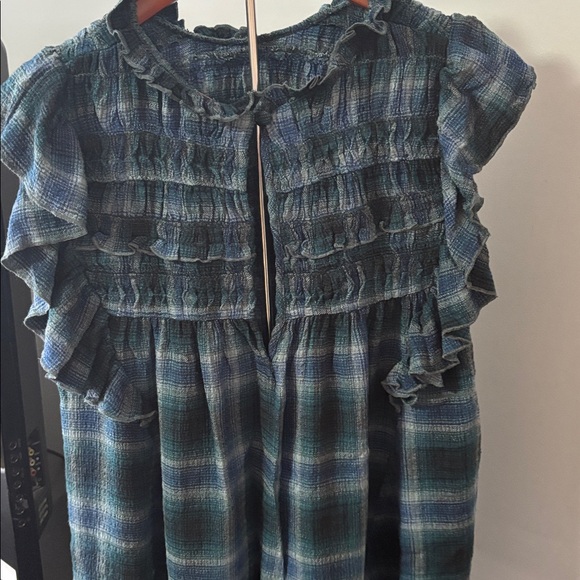 Free People Blue Plaid Ruffle Blouse Boho Cottagecore Smocked Yoke Top - Picture 3 of 3